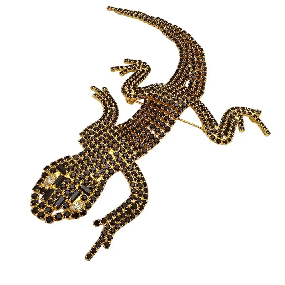Black Rhinestone Lizard Reptile Brooch Prong Set Gecko Croc Shoulder Pin C996